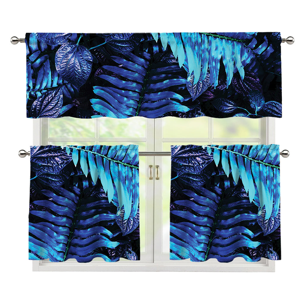 Blue Tropical Leaves Print 3 Piece Kitchen Curtains