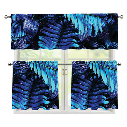 Blue Tropical Leaves Print 3 Piece Kitchen Curtains