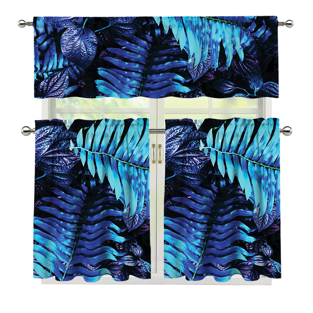 Blue Tropical Leaves Print 3 Piece Kitchen Curtains