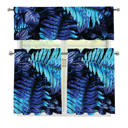 Blue Tropical Leaves Print 3 Piece Kitchen Curtains