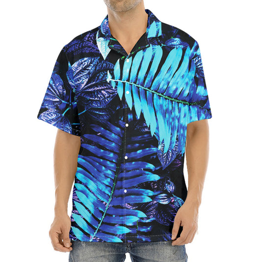 Blue Tropical Leaves Print Aloha Shirt