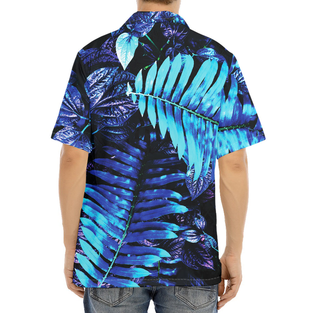 Blue Tropical Leaves Print Aloha Shirt