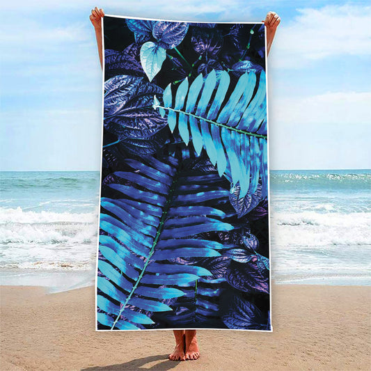 Blue Tropical Leaves Print Beach Towel
