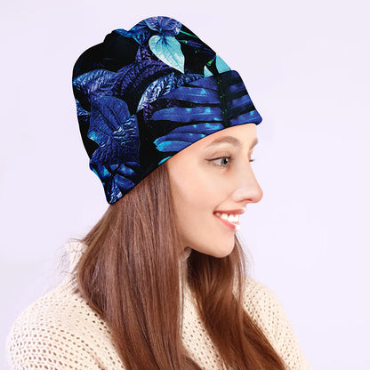 Blue Tropical Leaves Print Beanie