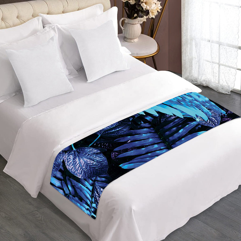Blue Tropical Leaves Print Bed Runner