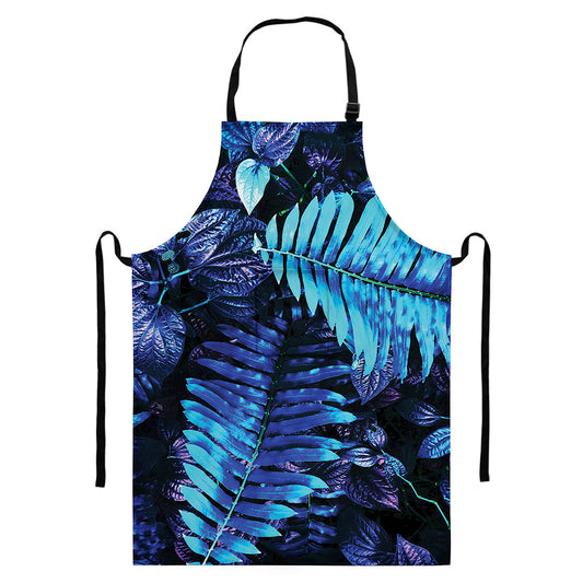 Blue Tropical Leaves Print Bib Apron With Pocket