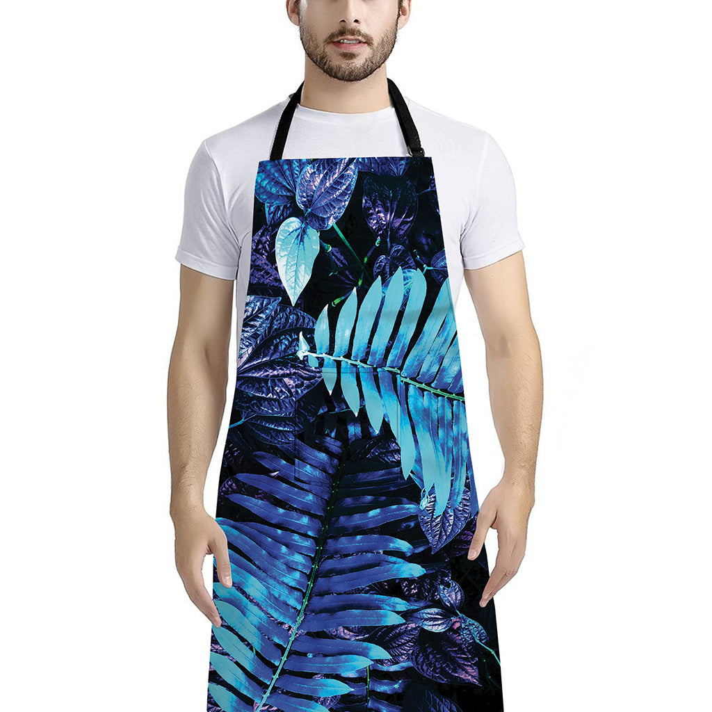 Blue Tropical Leaves Print Bib Apron With Pocket