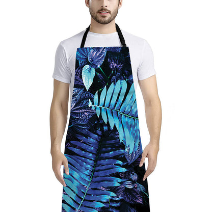 Blue Tropical Leaves Print Bib Apron With Pocket