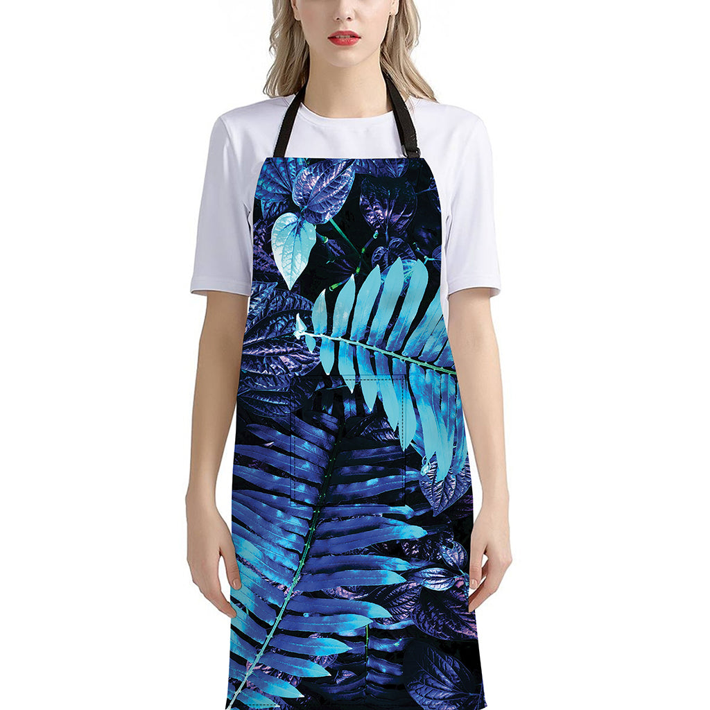 Blue Tropical Leaves Print Bib Apron With Pocket