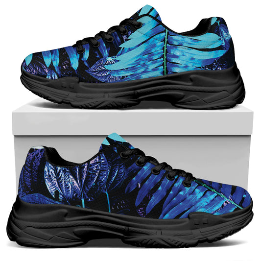 Blue Tropical Leaves Print Black Chunky Shoes
