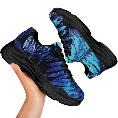 Blue Tropical Leaves Print Black Chunky Shoes