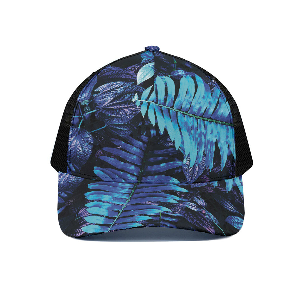 Blue Tropical Leaves Print Black Mesh Trucker Cap