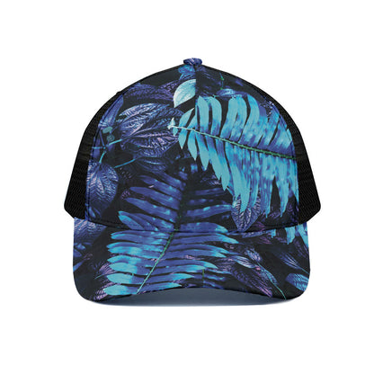 Blue Tropical Leaves Print Black Mesh Trucker Cap