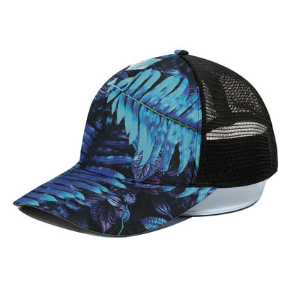 Blue Tropical Leaves Print Black Mesh Trucker Cap