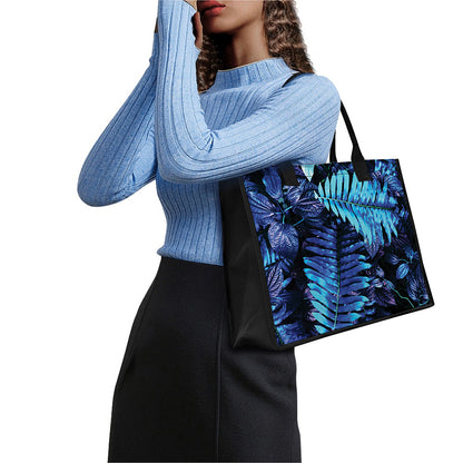 Blue Tropical Leaves Print Canvas Tote Bag