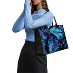 Blue Tropical Leaves Print Canvas Tote Bag