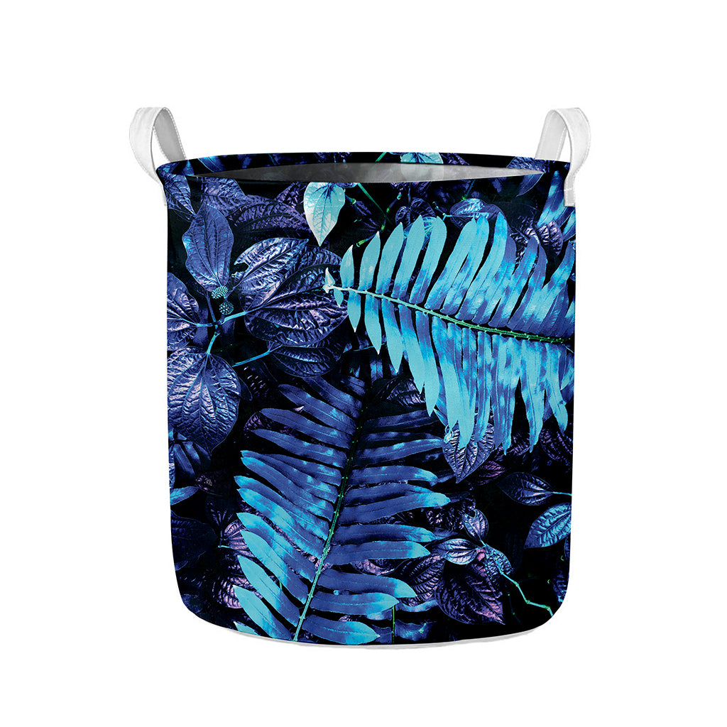 Blue Tropical Leaves Print Collapsible Laundry Basket
