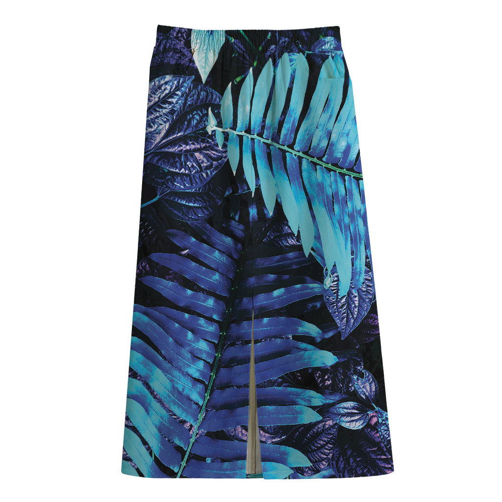 Blue Tropical Leaves Print Cotton Front Slit Maxi Skirt