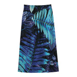 Blue Tropical Leaves Print Cotton Front Slit Maxi Skirt