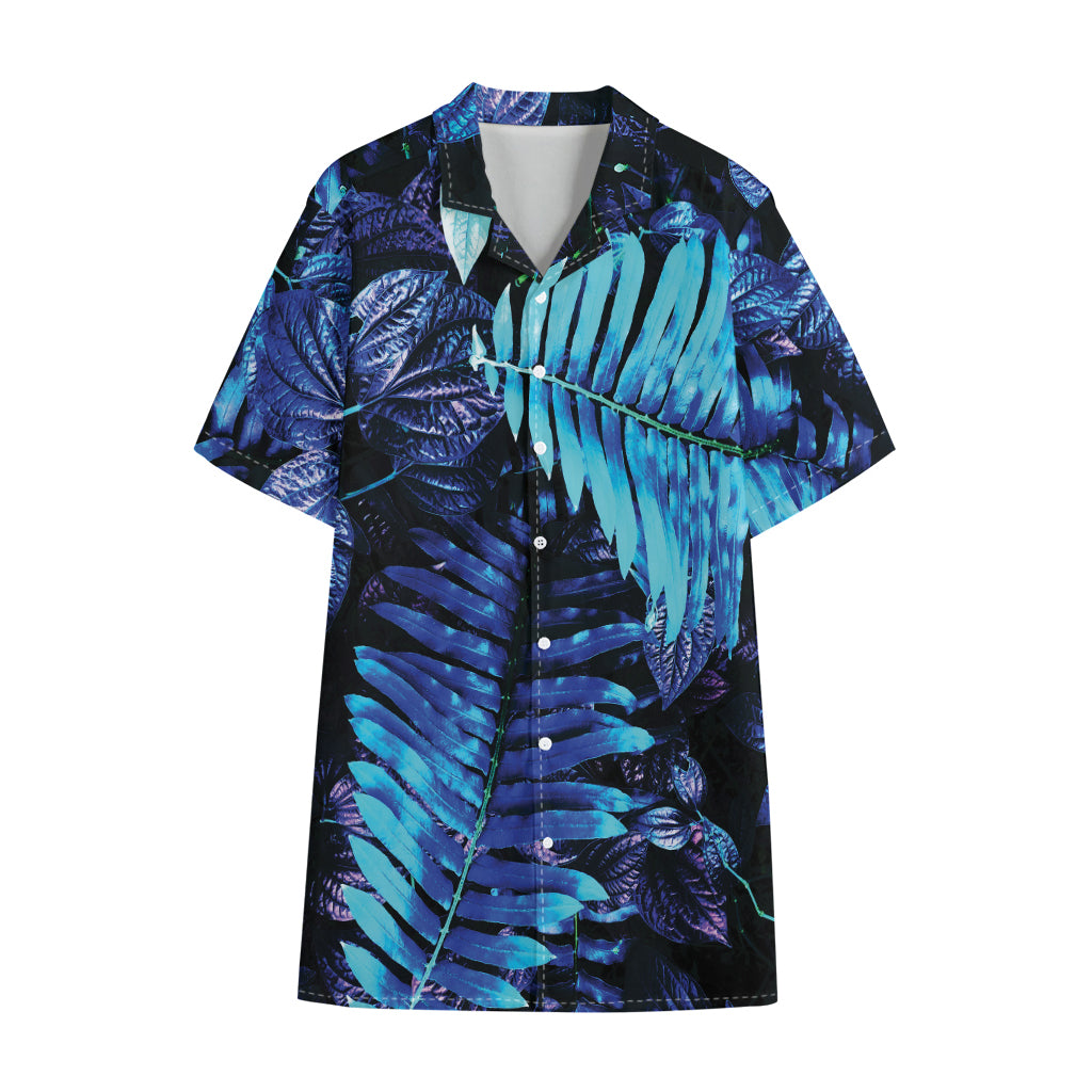 Blue Tropical Leaves Print Cotton Hawaiian Shirt