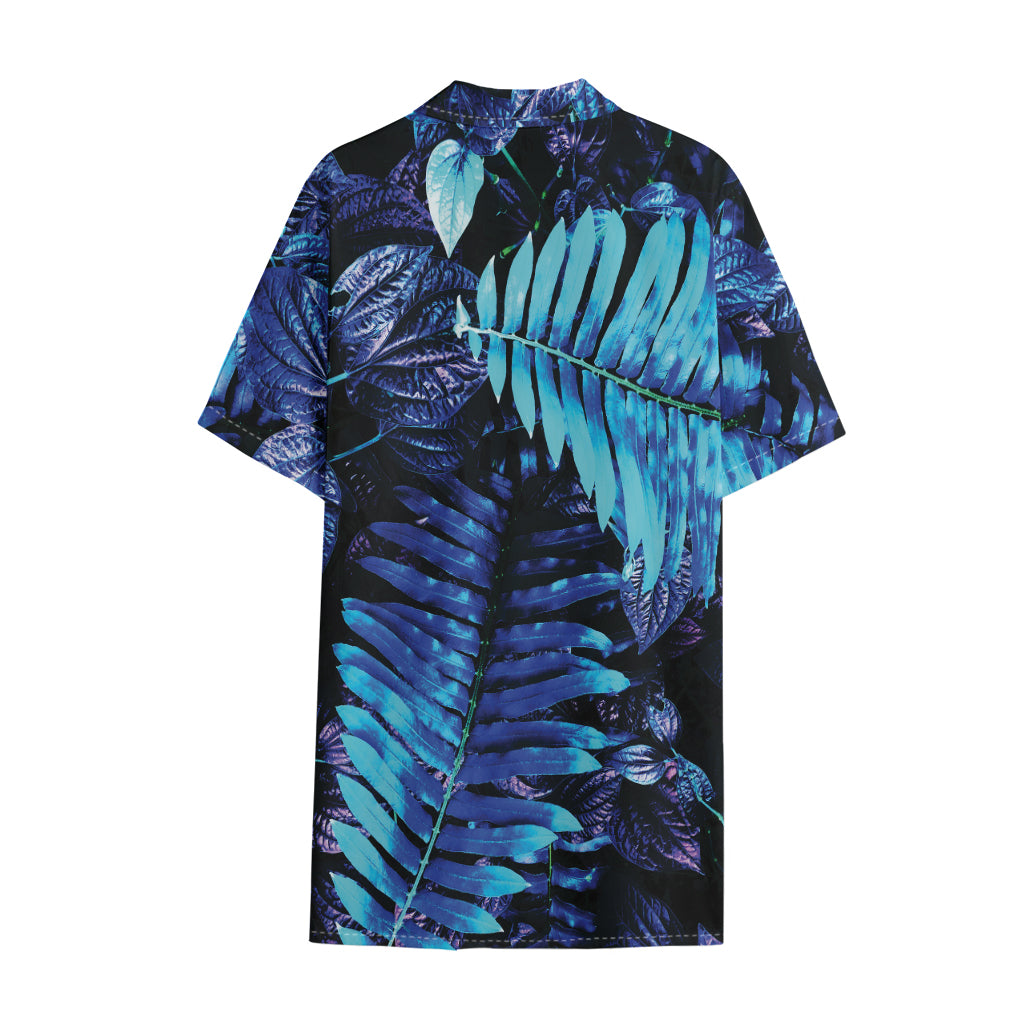 Blue Tropical Leaves Print Cotton Hawaiian Shirt