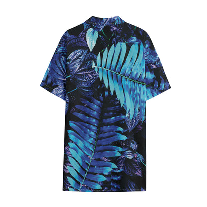 Blue Tropical Leaves Print Cotton Hawaiian Shirt