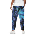 Blue Tropical Leaves Print Cotton Pants