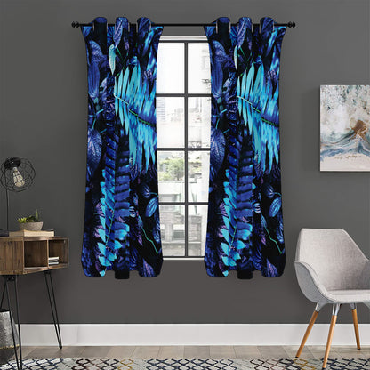 Blue Tropical Leaves Print Curtain