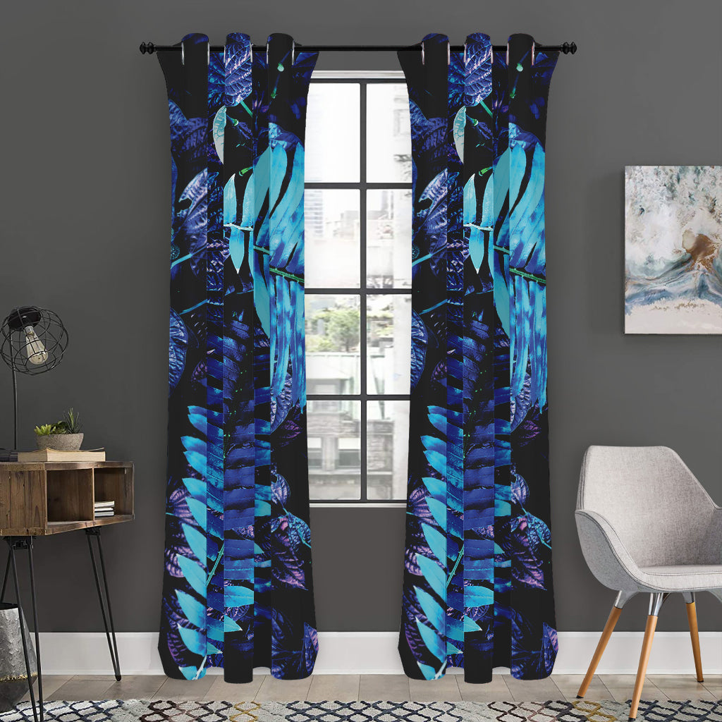 Blue Tropical Leaves Print Curtain