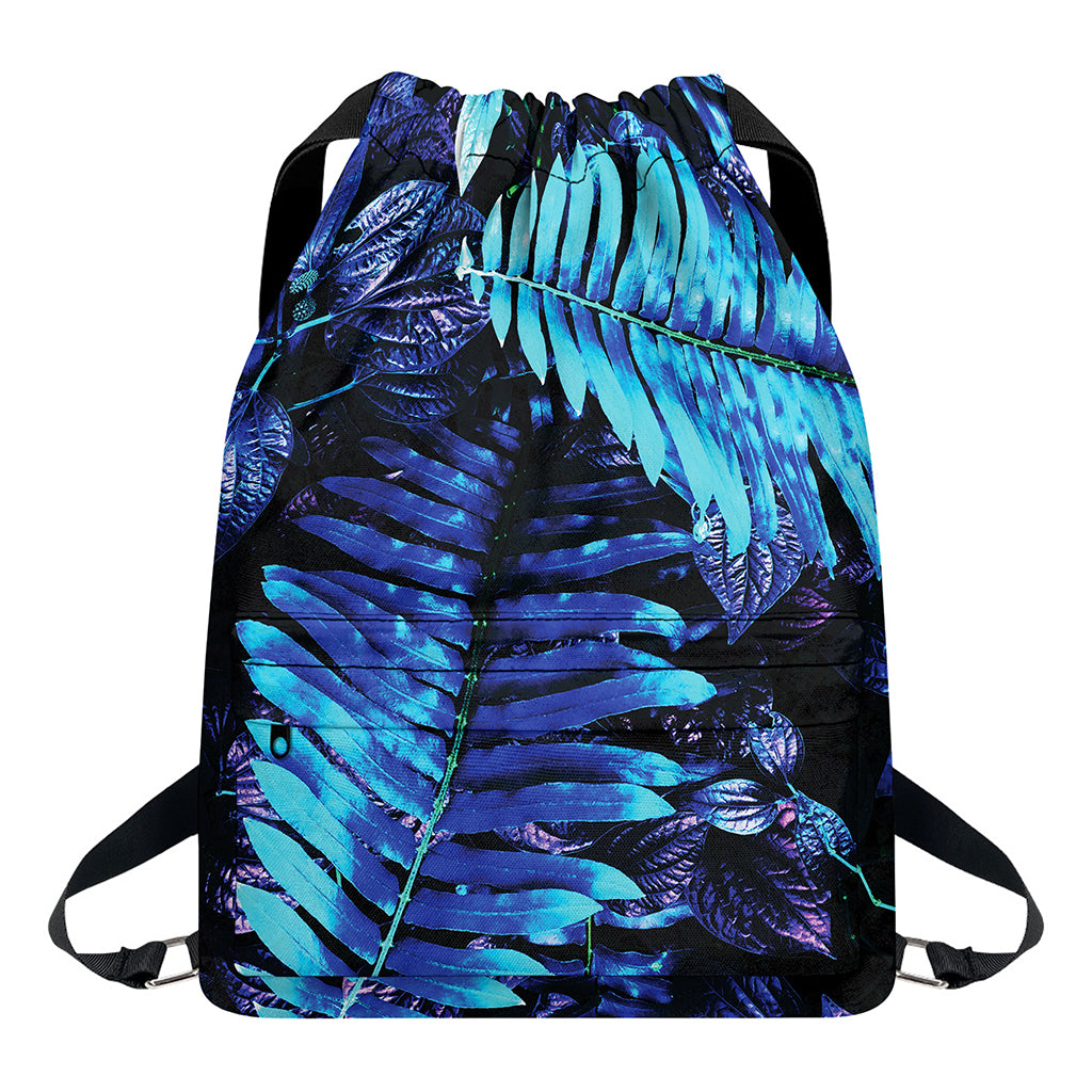 Blue Tropical Leaves Print Drawstring Backpack