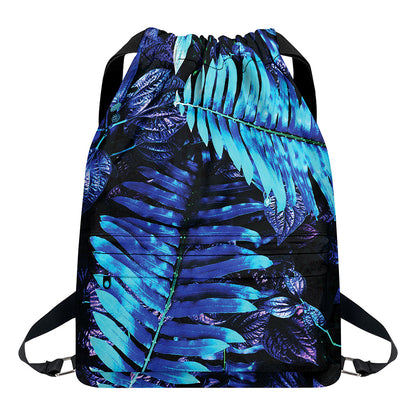 Blue Tropical Leaves Print Drawstring Backpack