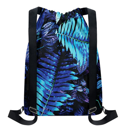 Blue Tropical Leaves Print Drawstring Backpack
