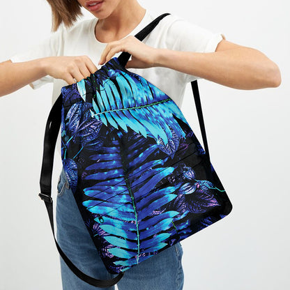 Blue Tropical Leaves Print Drawstring Backpack