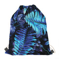 Blue Tropical Leaves Print Drawstring Bag