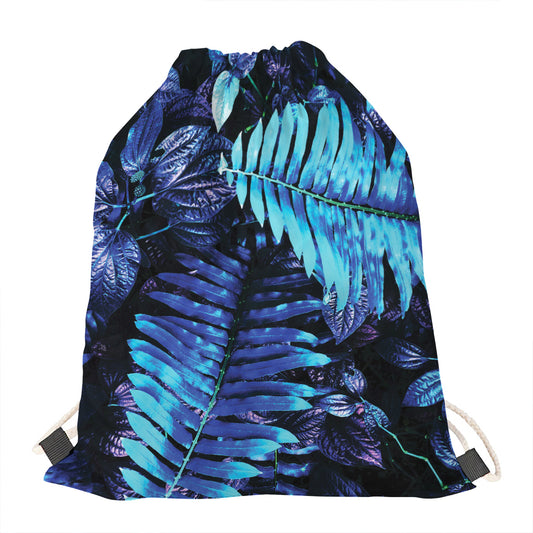 Blue Tropical Leaves Print Drawstring Bag