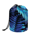 Blue Tropical Leaves Print Drawstring Makeup Bag