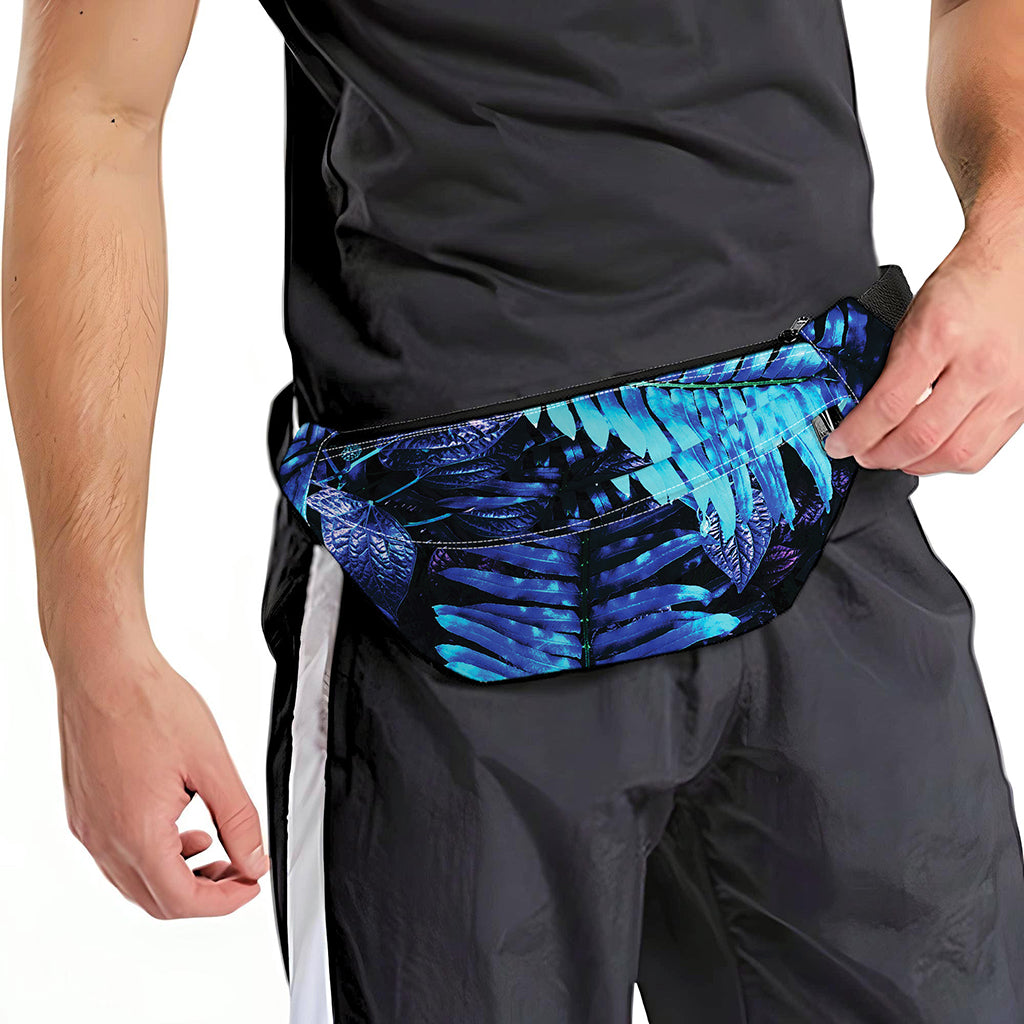 Blue Tropical Leaves Print Fanny Pack