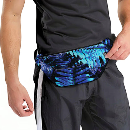 Blue Tropical Leaves Print Fanny Pack