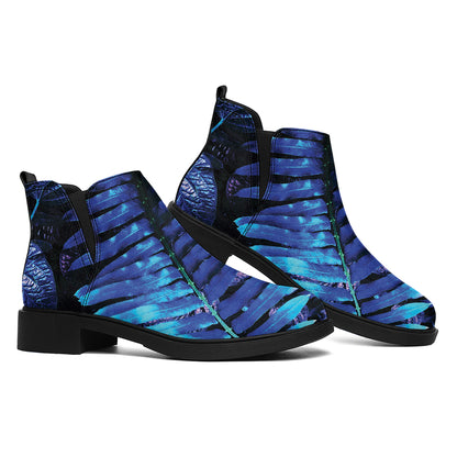 Blue Tropical Leaves Print Flat Ankle Boots
