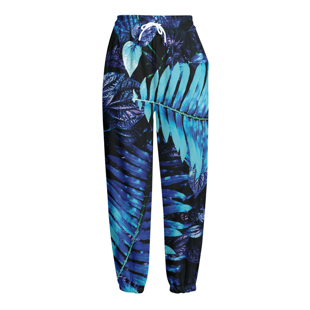 Blue Tropical Leaves Print Fleece Lined Knit Pants