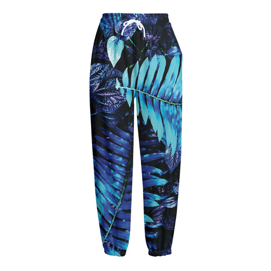 Blue Tropical Leaves Print Fleece Lined Knit Pants