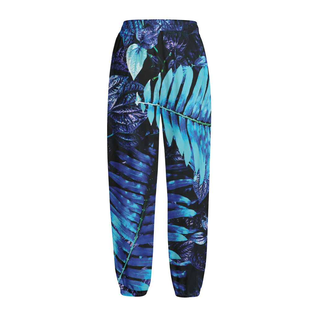 Blue Tropical Leaves Print Fleece Lined Knit Pants