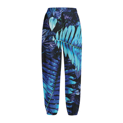 Blue Tropical Leaves Print Fleece Lined Knit Pants