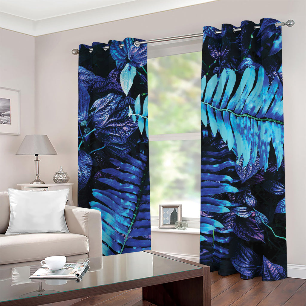 Blue Tropical Leaves Print Grommet Curtains
