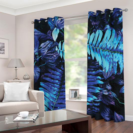 Blue Tropical Leaves Print Grommet Curtains