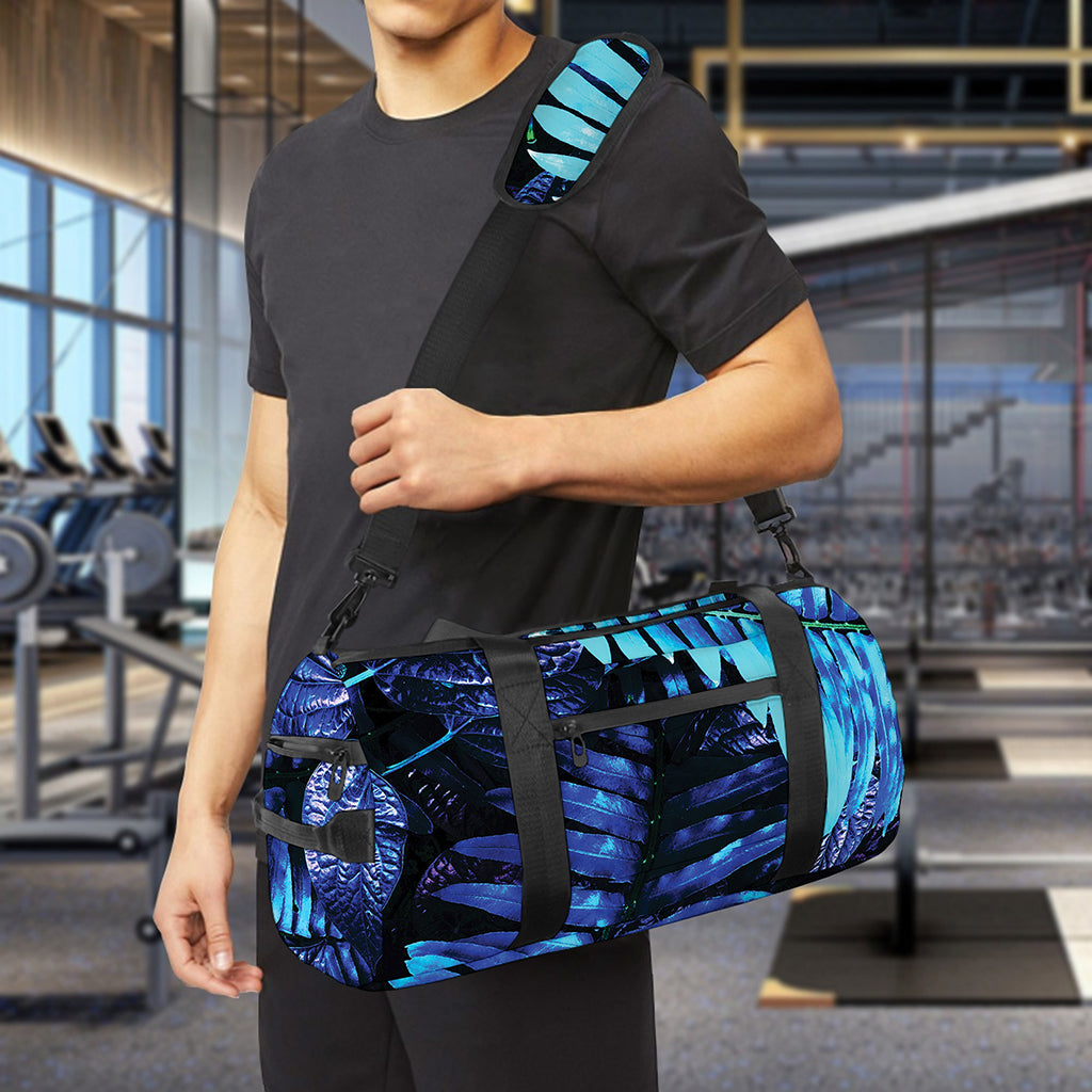 Blue Tropical Leaves Print Gym Bag