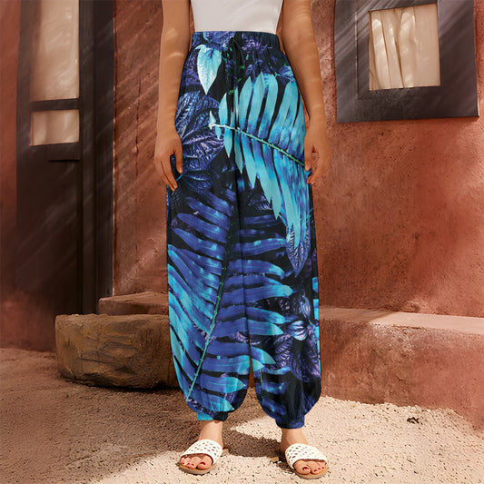 Blue Tropical Leaves Print Harem Pants