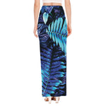 Blue Tropical Leaves Print High Slit Maxi Skirt