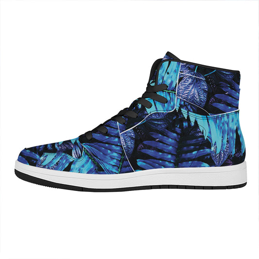 Blue Tropical Leaves Print High Top Leather Sneakers
