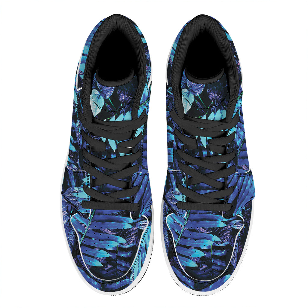 Blue Tropical Leaves Print High Top Leather Sneakers